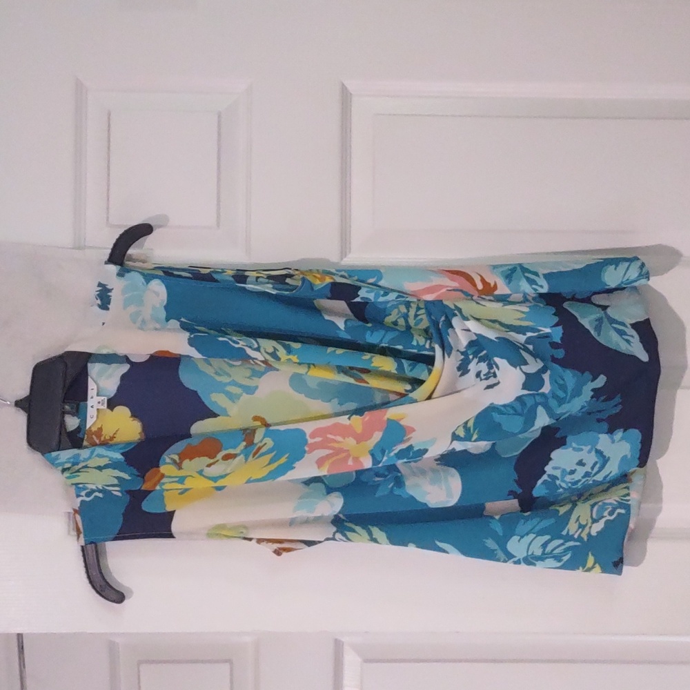 Vintage CAbi Beautiful Blue Yellow White Wrap Blouse Size Small EUC